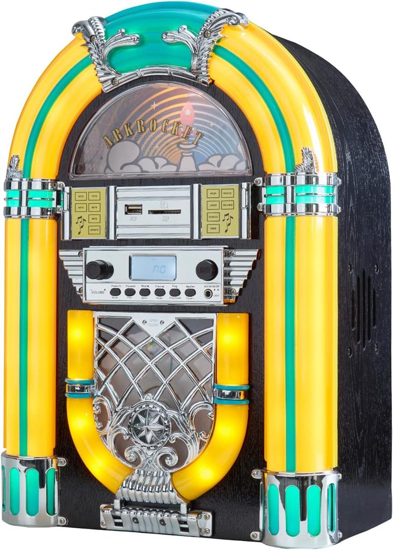 Arkrocket Athena Mini Jukebox/Tabletop CD Player/Bluetooth Speaker/Radio/USB and SD Card Player with Retro LED Lighting System (Yellow Green) Arkrocket Athena Mini Jukebox/Tabletop CD Player/Bluetooth Speaker/Radio/USB and SD Card Player with Retro LED Lighting System (Yellow Green)