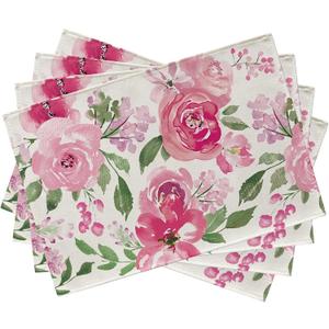 Seliem Spring Summer Watercolor Flower Placemats Set of 4, Pink Peony Floral Dining Table Place Mats, Seasonal Kitchen Decor Home Decoration 12 x 18 Inch