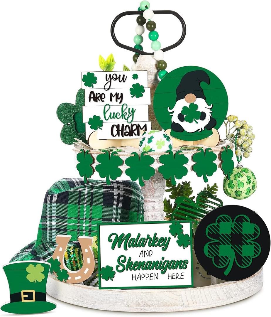 St. Patrick's Day Tiered Tray Decor Set Include Rustic Shamrock Gnome Truck Wood Sign Cutout Letter Sign for St. Patrick's Day Table Home Kitchen Bar Decoration (Green Style, 12 Pcs)
