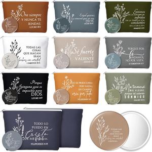 Kacctyen 20 Pcs Spanish Christian Gifts for Women Regalos Cristianos para Mujer 10 Religious Canvas Makeup Bags with 10 Bible Verse Compact Mirrors for Church