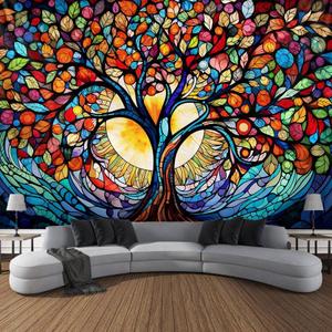 Tree of Life Wall Hanging Decor Tapestry with Stained Glass Colorful Wall Art Large Tapestry Mural Decor Photograph Backdrop Blanket Curtain Home Bedroom Living Room Decoration (79"L x 71"W)