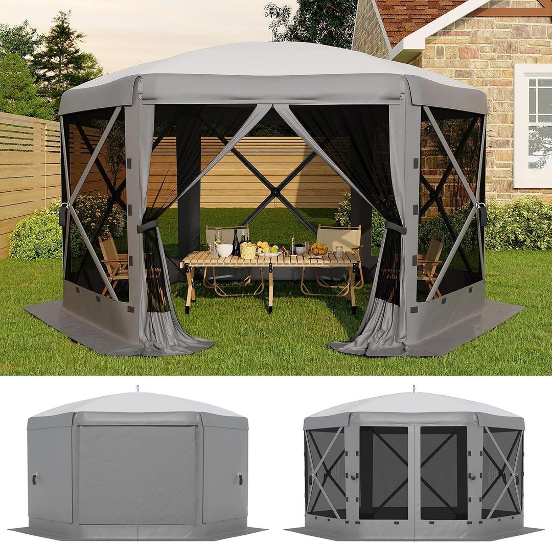 GarveeLife 13x13FT 6-Sided Pop Up Canopy TentOne-Push Setup Canopy Tent with Removable Canopy Top & Wind Cloths, Outdoor shelter for Camping, Backyard Parties, Outdoor Events - Grey