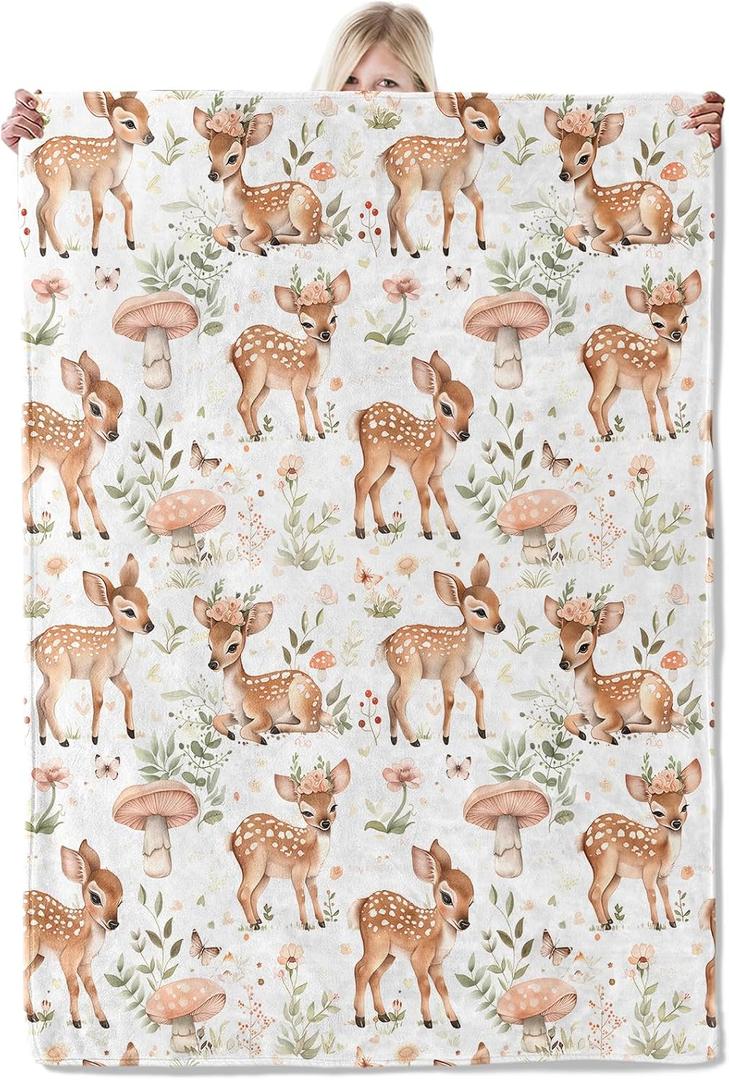 Cute Deer Blanket 5060 Inch,Forest Fawn and Mushroom Print Lightweight Flannel Throw with Woodland on White Background,Spring Rustic Farmhouse Home Decor,Gifts for Girls,Women