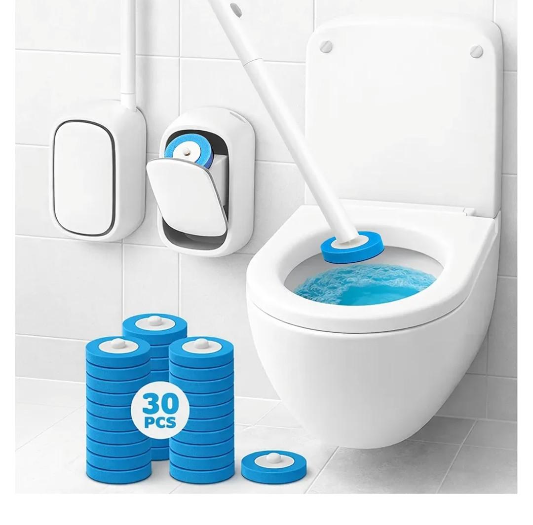 CiLoN WallMounted Disposable Toilet Brush Kit and 30 Fresh Bleach Scrubbing Sponge Pads. Bathroom Space Saving Toilet Wand kit. Toilet Bowl Brush and Holder Set. (Starter Kit + 30 Brush)