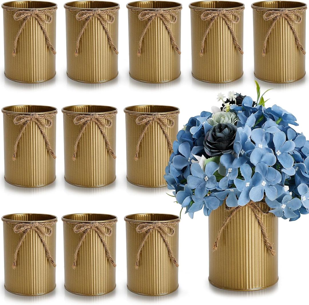 Tin Vase for Flower, 4.55 X 4 Inch Galvanized Metal Vases with Twine Bow 12PCS Tin Metal Buckets for Artificial Flowers Table Centerpiece Dining Wedding Engagement Home(Gold)