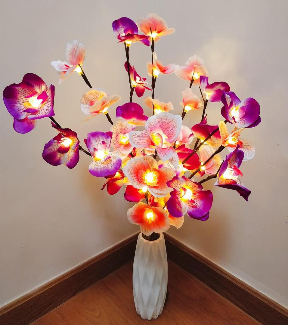 Fantasee Orchid Twig Lights,20 LED Artificial Phalaenopsis Branch Lights Battery Powered Flexible Branch Decor Lights for Home Shop Windows Vase Room Wedding Christmas (2 Packs, Pink + Purple)