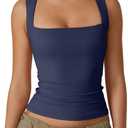 QINSEN Women's Double Layer Tank Tops Square Neck Sleeveless Basic Tight T Shirts (Blue, XS)