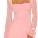 Caracilia Womens Sexy Mesh Ruched Mini Dresses Long Sleeve Square Neck Tie Fall Club Party Cocktail Short Dress 2026 Fashion Size M