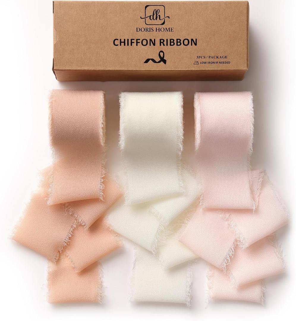 DORIS HOME Frayed Edge Chiffon Ribbon Pink & Cream 1.5 Inch x 21 Yd | Handmade Fringe Fabric Ribbon for Gift Wrapping/Wedding Decor/Bridal Bouquets/Bows/Crafts/Party Styling/Holiday Decoration