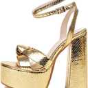 YIYA Women's Metallic Platform Chunky Heeled Sandals Open Round Toe Strappy Heels Ankle Strap Wedding Party Dress Shoes (8, Gold)