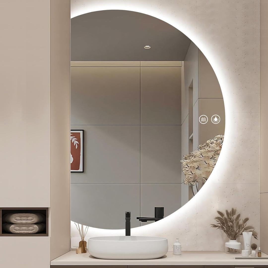 40"28" LED Bathroom Mirror with Lights, Asymmetrical Smart Vanity Mirrors Wall-Mounted with Backlit, Anti-Fog Half Moon Mirror, Stepless Dimmable-3 Colors-Tempered Glass (A-left Cut)