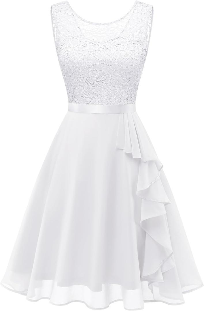 BeryLove Women's Cocktail Dresses Prom Wedding Guest Short Bridesmaid Dresses Ruffle Hem Sleeveless Lace Formal Dress 52 White XS