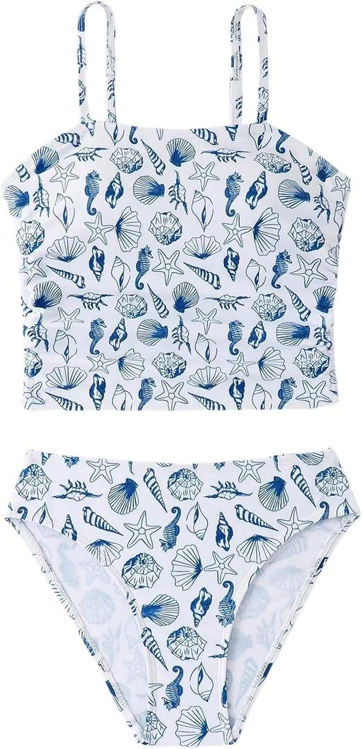 WDIRARA Girl's Graphic 2 Piece Seashell Graphic Tankini Set Spaghetti Strap Cute Swimsuit Bathing Suit