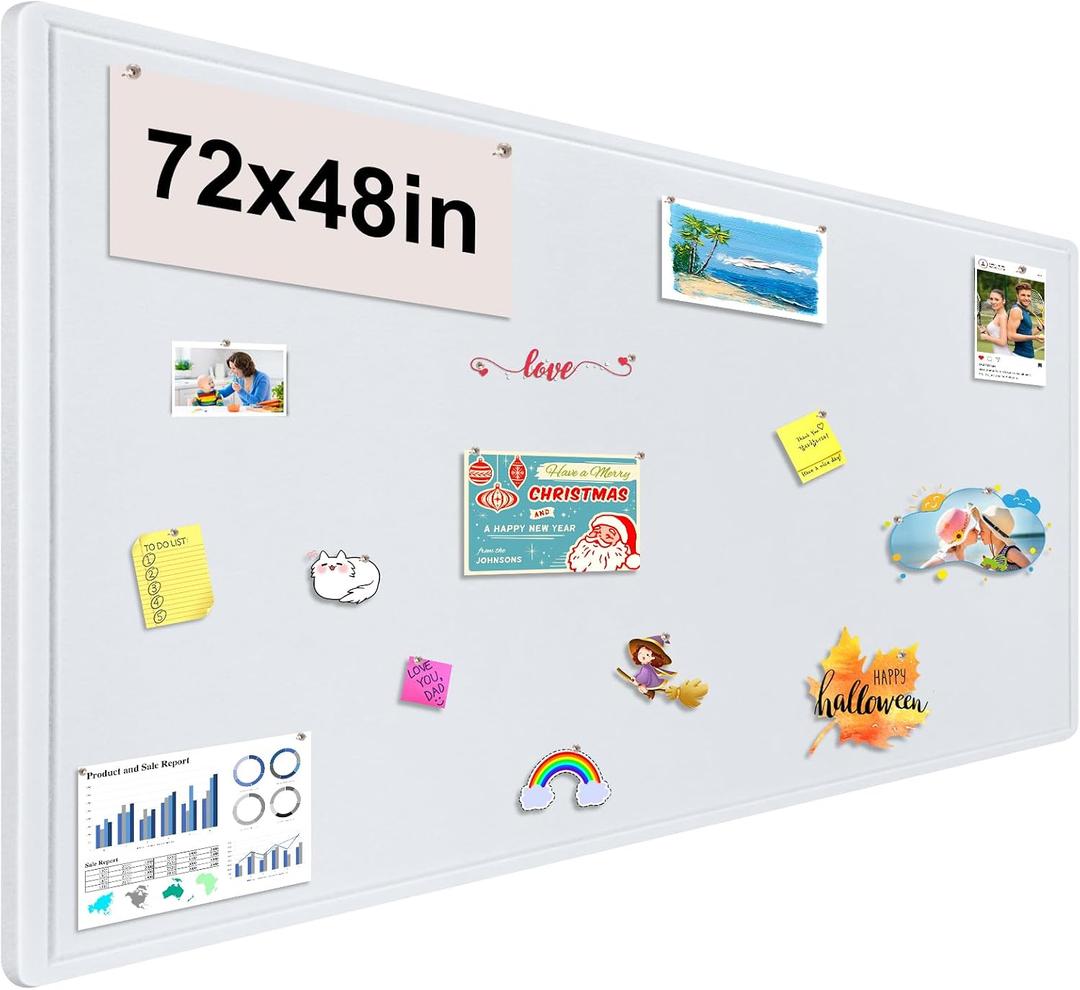 Large Bulletin Board, Foldable 72x48 Inches Cork Board Alternative, Large Felt Board Decorative Pin Board for Wall, Foldable Photo Board Self-Adhesive Vision Board with 36 Pushpins White