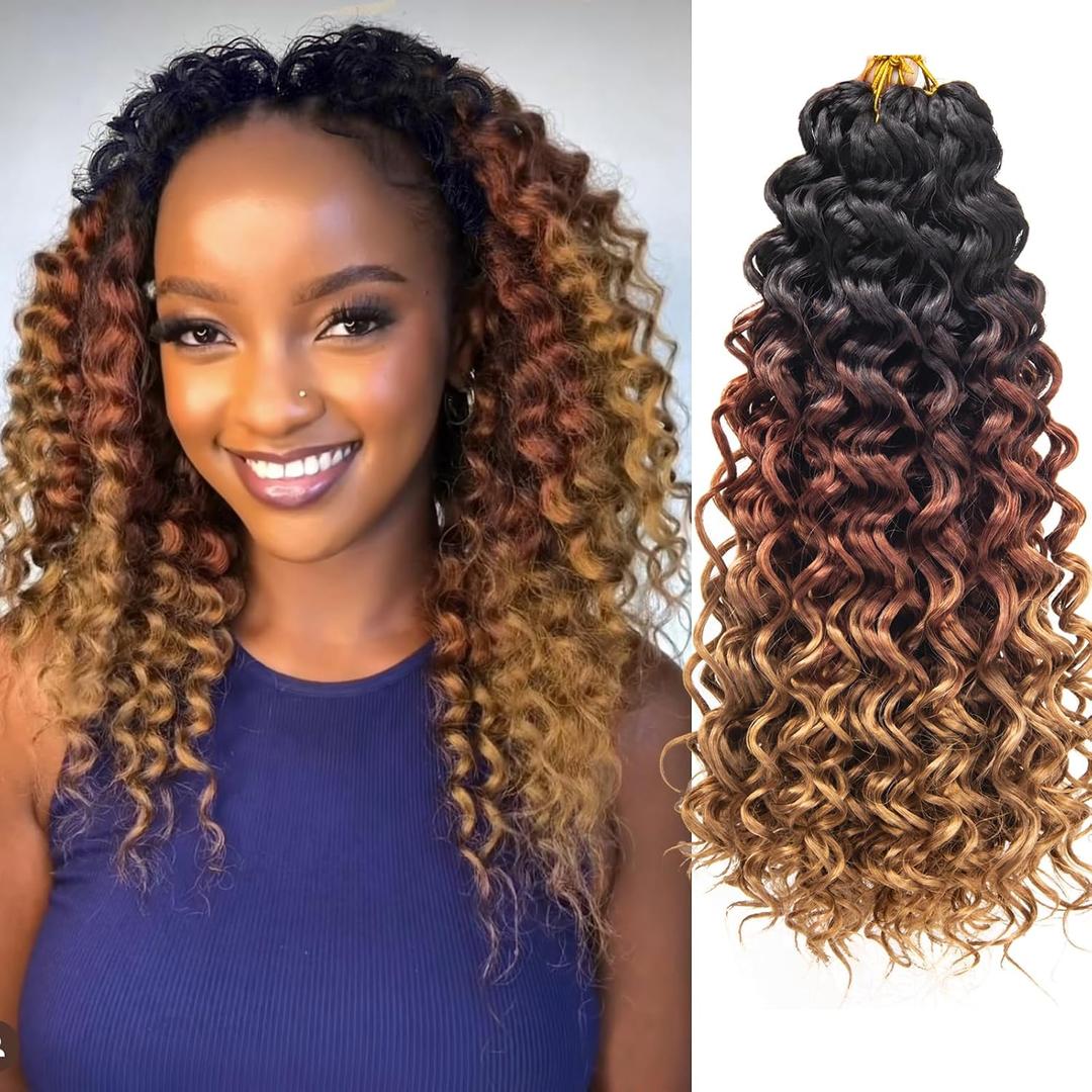 GoGo Curl Crochet hair 14inch Beach Curl Crochet hair Bohemian Crochet Braids Ombre Brown Deep Wave Braiding hair Extensions (14inch,1B/30/27)