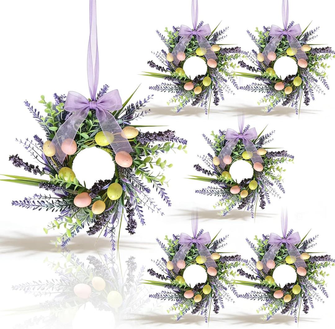 6 Pcs Easter Small Hanging Wreaths for Cabinets Artificial Small Candle Rings Wreaths with Purple Lavender and Easter Eggs Spring Pillar Candle Holder Wreath Home Kitchen Front Door Window Porch Wall