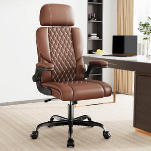 Sytas Executive Leather Office Chair, Comfy Desk Chair with Adjustable Headrest & Flip-up Padded Arms & Lumbar Support, Adjustable Hight and Tilt, Rolling Swivel, Brown