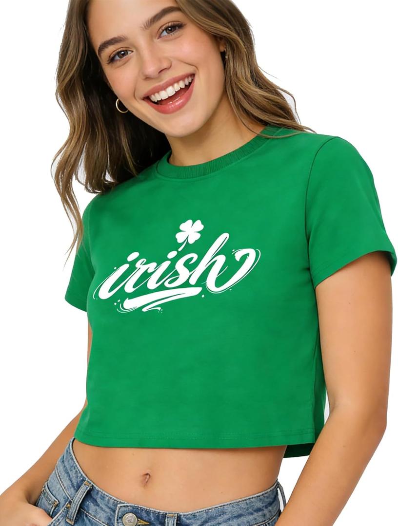 St Patricks Day Shirt Women Crop Top Green Sexy Saint Paddy's Day Outfit Funny Shamrock Lucky Tshirt Irish Clover Tee, S