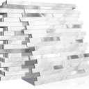 KASARO 10-Sheet Peel and Stick Backsplash Tiles for Kitchen, Marble White with Vintage Silver Embellished Stripes, Self-Adhesive Wall Tile Stick on Bathroom, Fireplace, RV