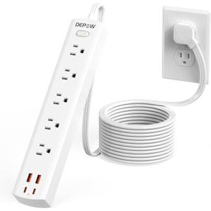 DEPOW Power Strip Surge Protector with 5 AC Outlets(1625W/13A) 4 USB Ports (2 USB C), Ultra Thin Extension Cord, Low Profile Flat Plug, 1700 Joules, Wall Mount for Home Office, White10 Ft