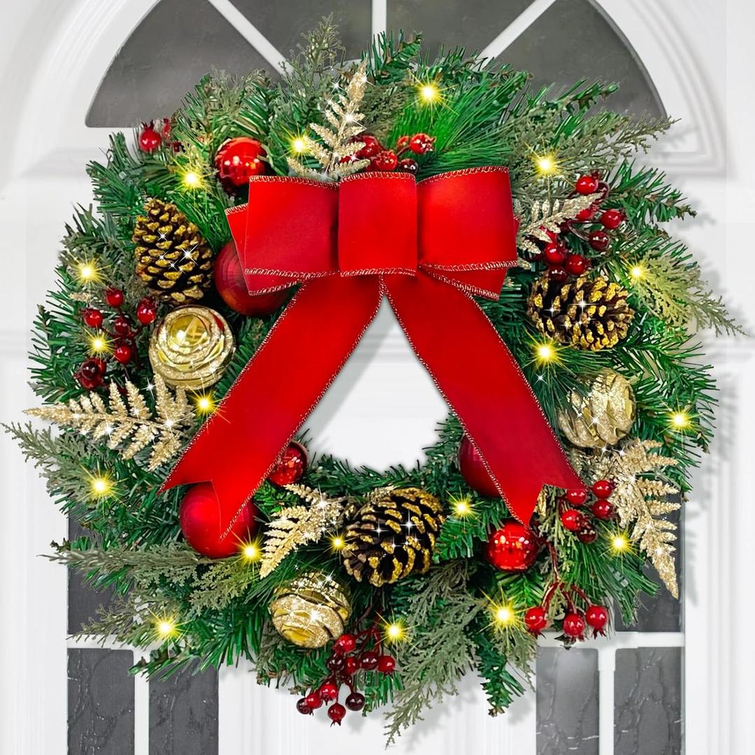 Christmas Wreath with Lights - 16" Christmas Wreaths for Front Door with Red Bow, Christmas Door Wreath with Balls Berries & Pine Cones for Home Wall Indoor Outdoor Xmas Decor