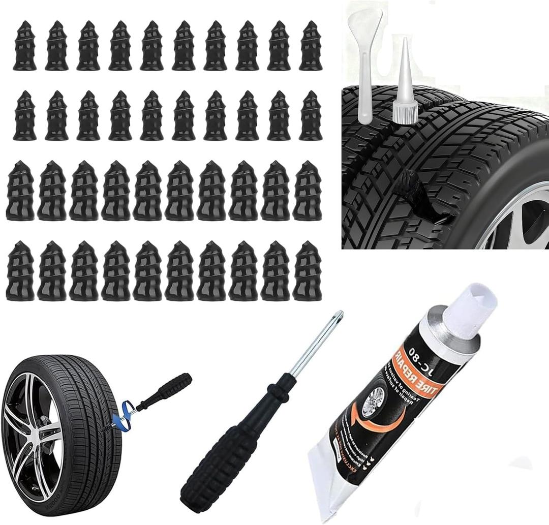 Tire Repair Rubber Nail Tire Repair Nail Tire Repair Rubber Screws Fast Tool Self-Service Suitable for Car Motorcycle Jeep Tire Puncture Repair (40Pcs+30ml glue+screwdriver)