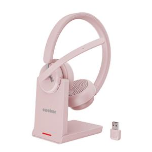 awatrue Wireless Headset with Mic, Bluetooth Headset with AI Noise Cancelling Microphone & Charging Base, 2.4GHz Wireless Headphones with USB Dongle for Computer/Remote Work/Call Center/Zoom（Pink）