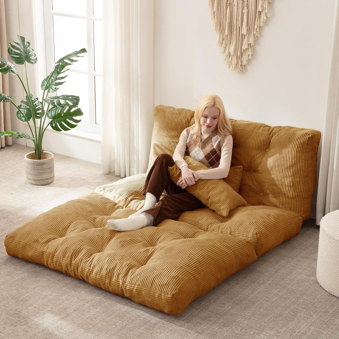 Folding Sofa Bed Foldable Floor Couch for Adults with Corduroy Fabric, Foldable Mattress with Back Support, Bean Bag Floor Sofa Bed Couch for Living Room Bedroom (Full 80x54 Inch), Yellow