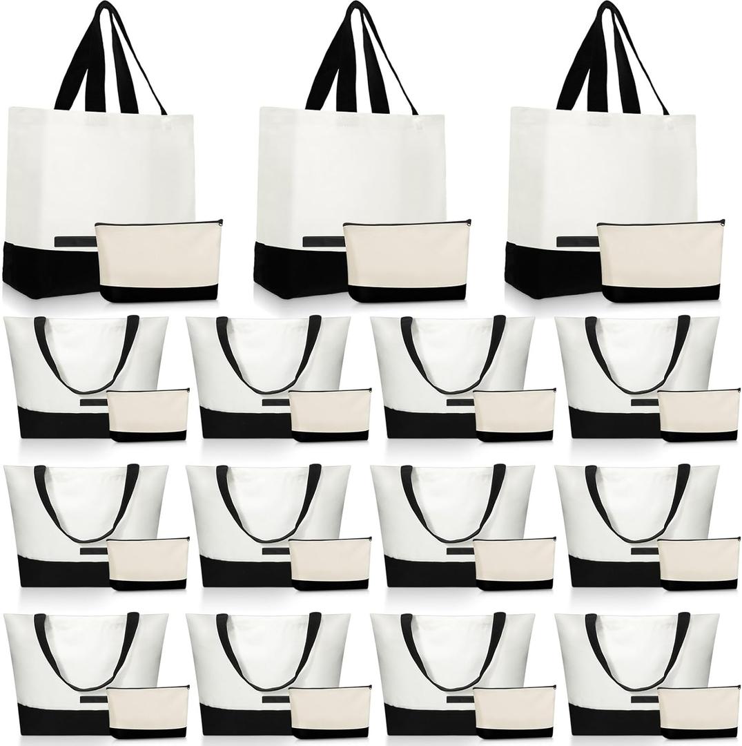 Sanwuta 30 Pcs Canvas Tote Bags Bulk with Zipper Cosmetic Pouch 18.5" Reusable Cotton Shopping Bag with Handle for DIY Craft (Black)