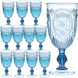 JLYLOL Plastic Wine Glasses 12Pcs Plastic Goblets 7.5oz Colored Retro Embossed Glassware Vintage Stemmed Drinking Cup Reusable Water Goblets for Wedding Reception Grand Event Party Bar,Whiskey (Blue)