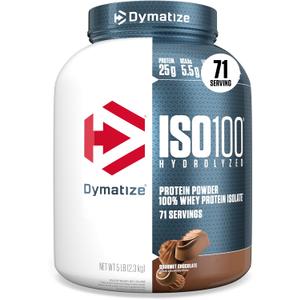 Dymatize ISO100 Whey Protein Powder Isolate, Gourmet Chocolate, 25g of Protein, 5 Pound, 5.5g BCAAs, Less Than 120 Cal., Gluten Free, 1g Fat, 1g Sugar, 2g Carb (71 Servings) (EXP 04/01/27)