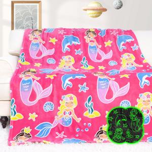HWING Mermaid Blanket Toys for Girls Birthday Gifts - Glow in The Dark Kids Blanket Throw Birthday Decorations - Mermaid Gifts for Girls Age 2-12 Year Old