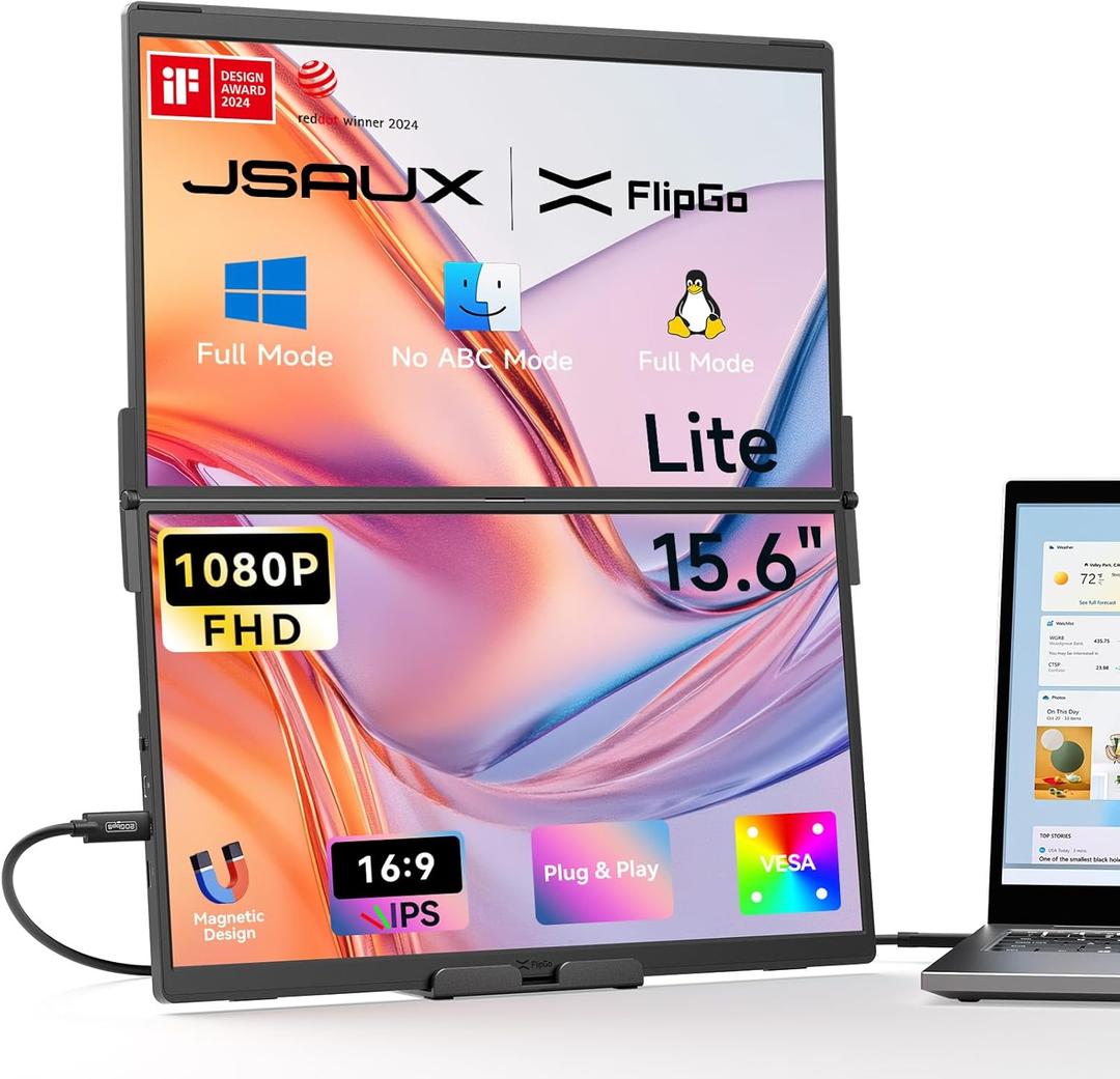 JSAUX FlipGo Lite 15.6" Portable Dual Stacked Monitor, 1080P FHD IPS Laptop Screen Extender One Cable for Triple Monitor Setup (For Windows &Linux) with Magnetic Design, Built-in Hub, No Driver Required