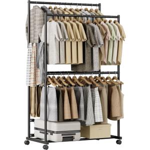 Clothes Rack - 36.2" x 21.3" x 72", 4-Bar Double Rod Rolling Metal Clothing Rack for Hanging Clothes, Portable Garment Rack with Wheels for Bedroom Laundry, Closet Wardrobe, Black