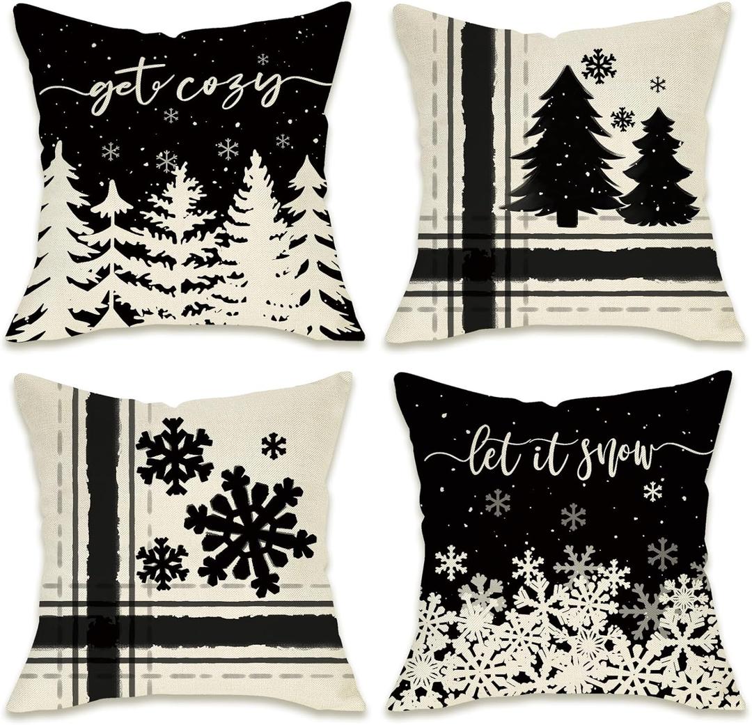 Fahrendom Winter Snowflake Decorative Throw Pillow Covers 18x18 Set of 4, Let It Snow Christmas Pine Tree Black Outdoor Pillowcase, Get Cozy Seasonal Holiday Farmhouse Cushion Case Home Decor