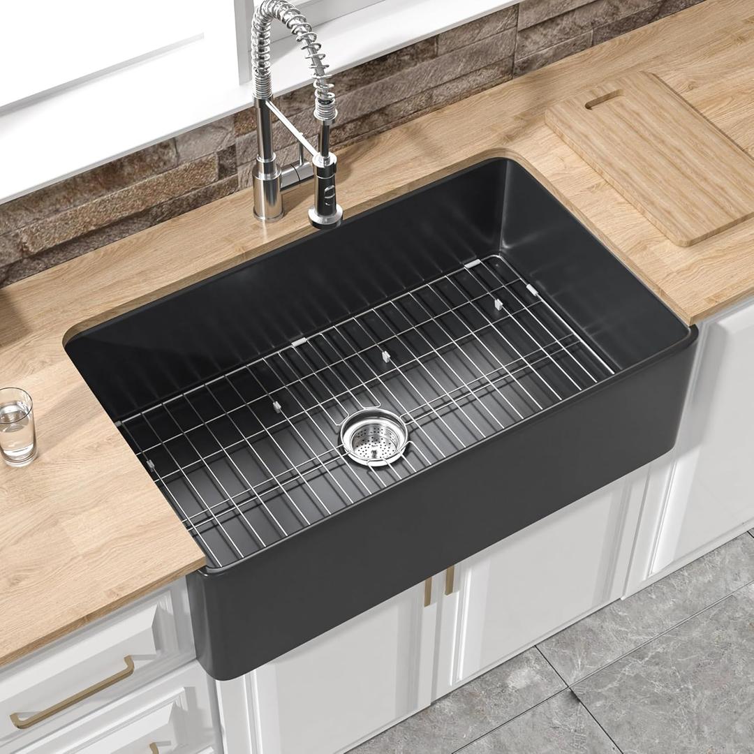 HOMLYLINK Black Farmhouse Sink 33 x 20 Inch, Firecaly Apron Front Undermount Farm Sink, Single Bowl, with Accessories 2 Types, Matte Black, for Kitchen