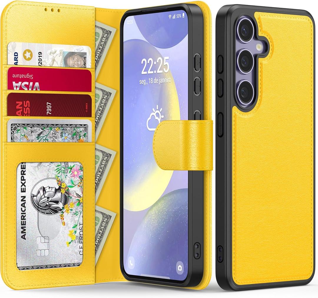 FUNMIKO for Samsung Galaxy S24 Case Wallet,Detachable Flip Folio Leather Cover,RFID Blocking 4 Card Slots Holder,Kickstand Function,Protective Phone Shell for Women Girls,Yellow