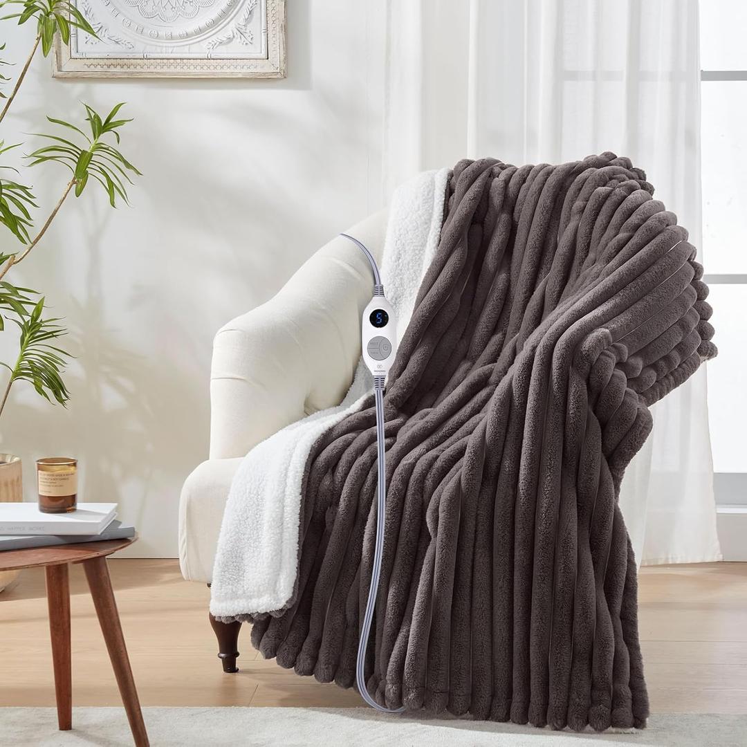 Westinghouse Electric Blanket Heated Throw, Super Cozy Luxury Faux Fur & Sherpa with 6 Heating Levels & 2-10 Hours Auto Off, Fast Heating & Overheat Protection, 50x60 Inch, Charcoal (Darkgrey Stripe)