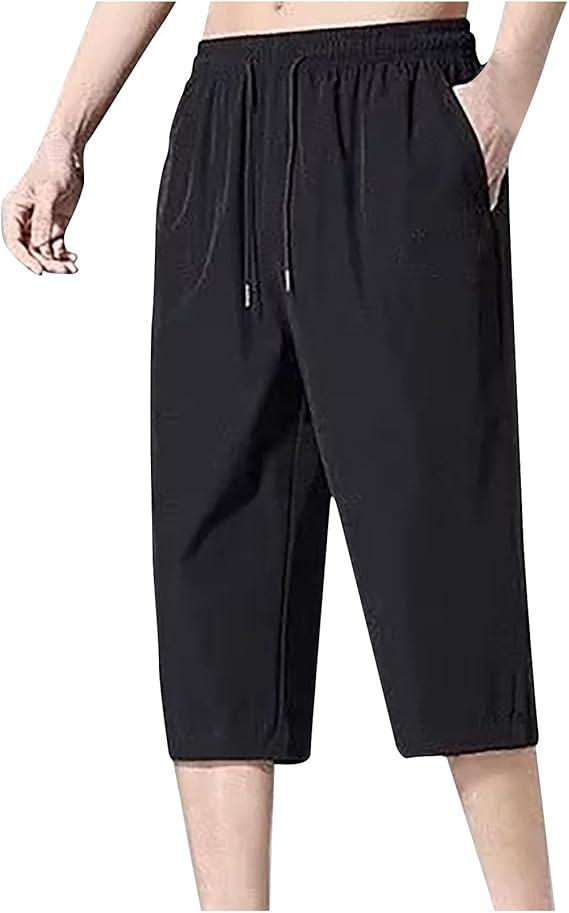 Mens Below Knee 3/4 Capri Pants Summer Quick Dry Lightweight Hiking Cargo Long Shorts Beach Yoga Trousers No Belt, M 