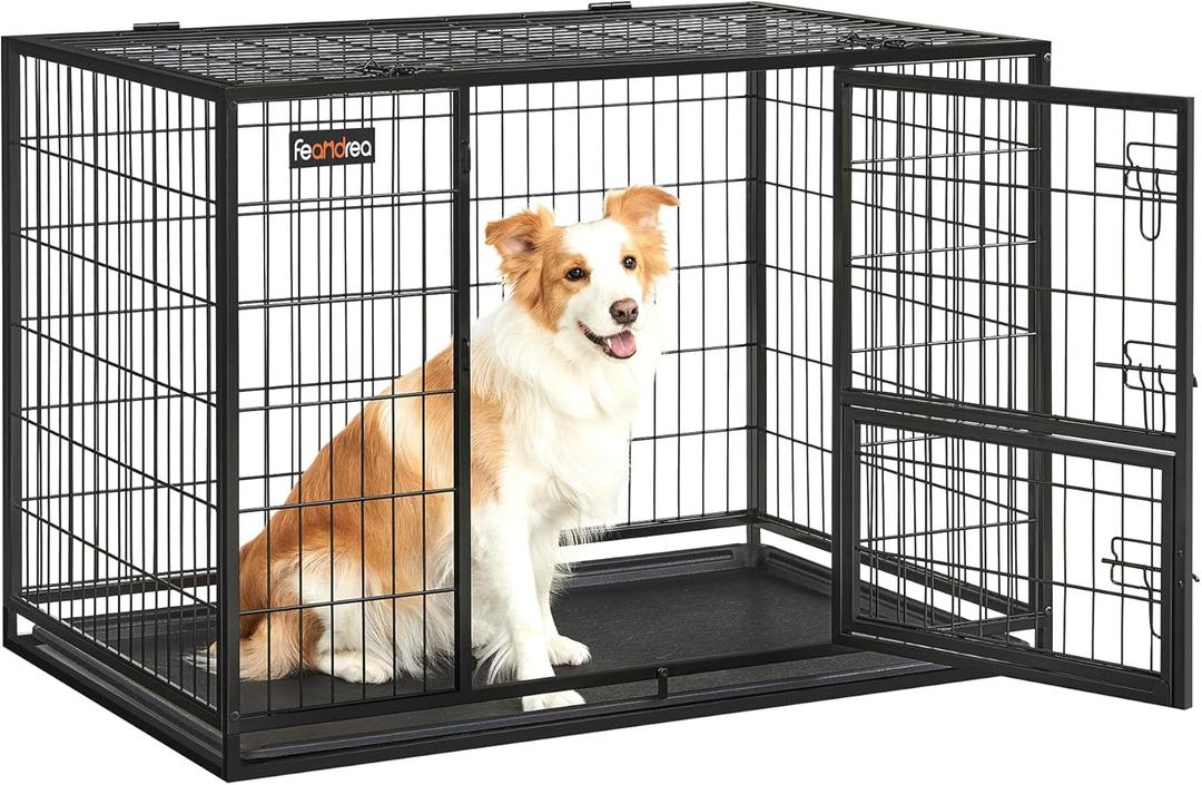 Feandrea 42.1 Inch Heavy Duty Dog Crate, Metal Escape Proof Kennel with Double Doors and Convenient Feeding Door, Removable Tray, Easy to Clean, XL Pet Crate for Large and Medium Dogs, Black