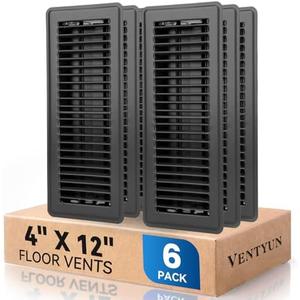 VENTYUN 4" x 12" Floor Register Vent Covers 6-Pack, Walkable Powder-Coated Metal Vent Covers with Adjustable Airflow, Curved Safe Edges for Floor/Wall, Black