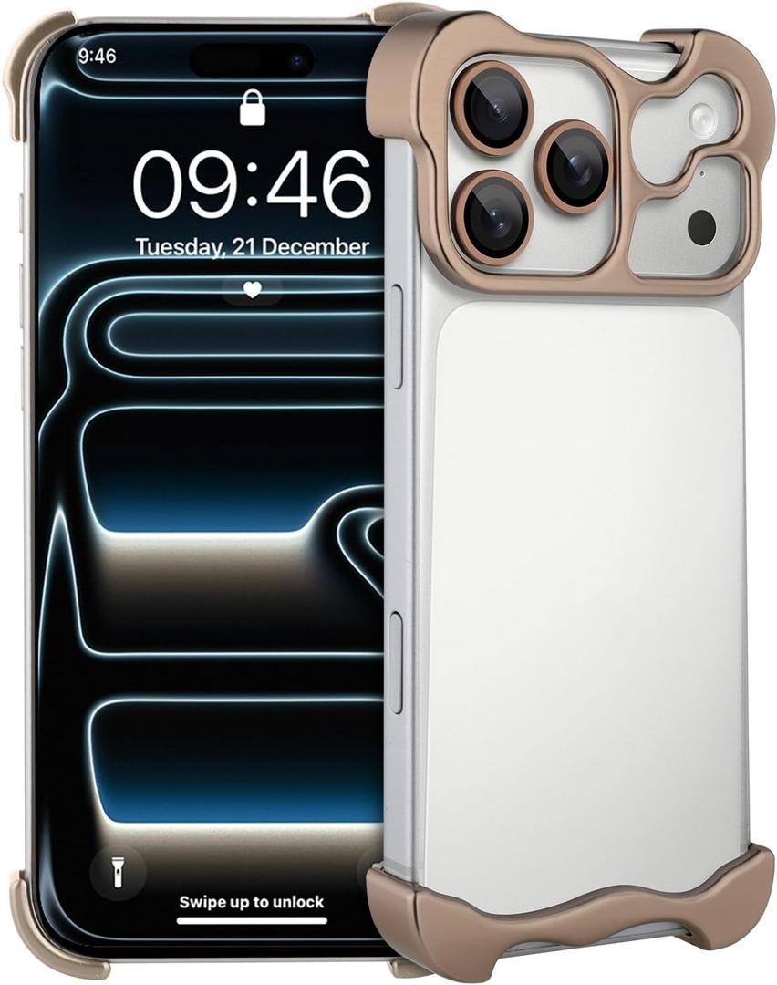 Phone Case Compatible with iPhone 17 Pro Max Compatible with Lens Camera Protection, Frameless Minimalist Design, Extremely Highlighting Personality. (Aluminum Champagne gold)