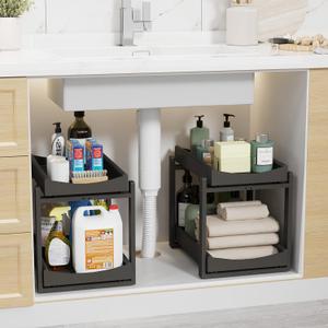 Bamboo Under Sink Organizer Adjustable Height 2 Tier Bathroom Organizer Pull Out Cabinet Storage Kitchen Heave Duty Wood Slide Ou Shelf for Kitchen Bathroom (Black, 2 Packs)