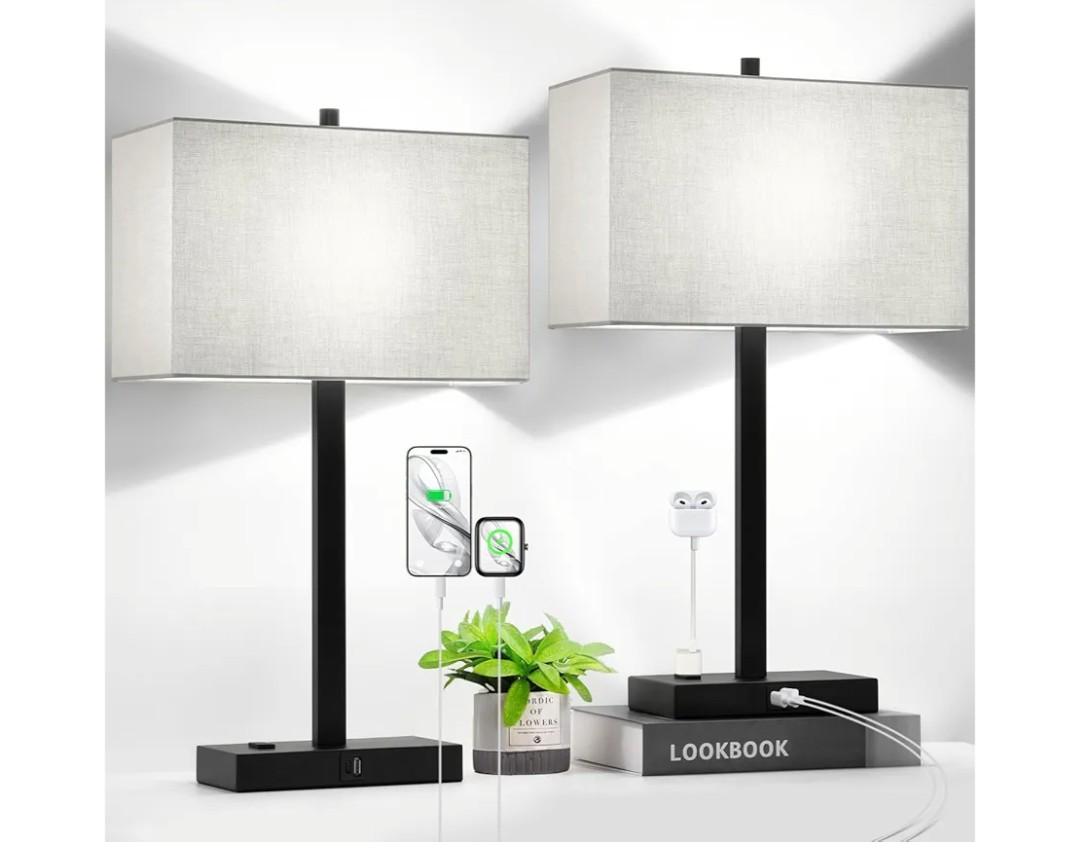 21" Touch Bedside lamps with 2 USB & AC Outlets, 3-Way Dimmable Bedside Table Lamps Set of 2 for Bedroom Living Room Office Reading, Gray Shade Lamps for Night Stands, 5000K LED Bulbs Included