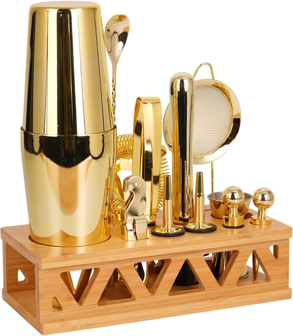 Cocktail Shaker Set, Boston Shaker Bartender Kit with Bamboo Stand,13 Piece Bar Set Stainless Steel Bar Accessories for Drink Mixing, Bar, Home, Party (Gold)