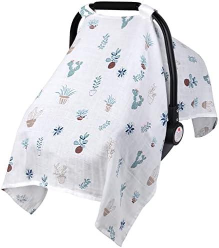 Muslin Carseat Cover for Boys Girls, Breathable Infant Car Seat Canopy, Lightweight Baby Carrier Cover, Newborn Shower Gift, Fit Spring Summer/Hot Days/Warm Weather, Cactus, Pack 2