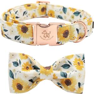 Elegant little tail Sunflower Print Dog Collar, Girl Dog Collar with Bow Adjustable Soft Bow tie Dog Collars for Medium Dogs (Medium (Pack of 1))