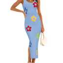 ZESICA Women's Summer Knit Bodycon Midi Dress 2026 Sleeveless Floral Crewneck Color Block Long Beach Party Dresses L