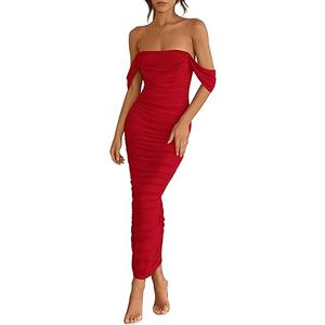 PRETTYGARDEN Womens 2026 Summer Off The Shoulder Dress Ruched Bodycon Sleeveless Split Cocktail Party Maxi Dresses , Red Large