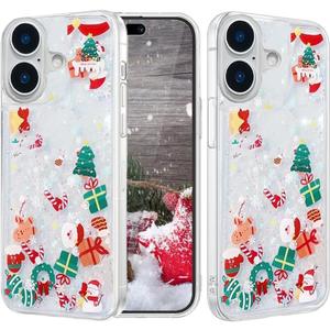 Glitter Christmas Case for iPhone 16 Plus,Cute Merry Christmas Liquid Flowing Moving Xmas Santa Tree Snowman Bling Sparkle Clear Shockproof Women Girl Phone Case for iPhone 16 Plus 6.7",Clear